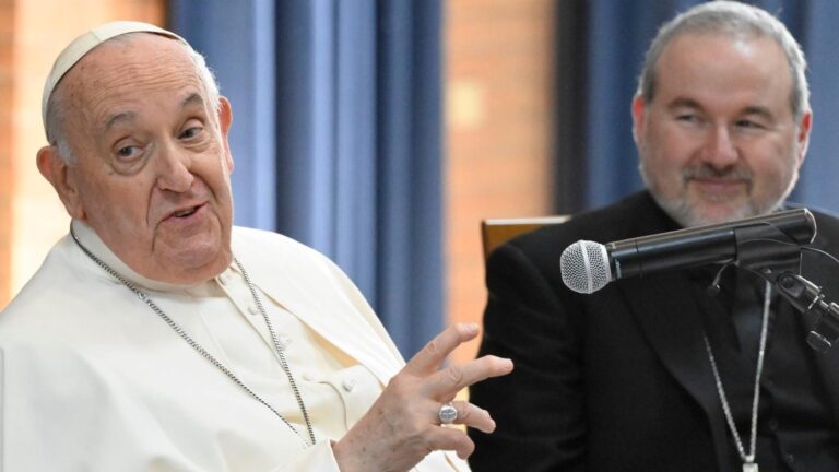 Pope visits with 35 priests at St. Henry parish in Rome