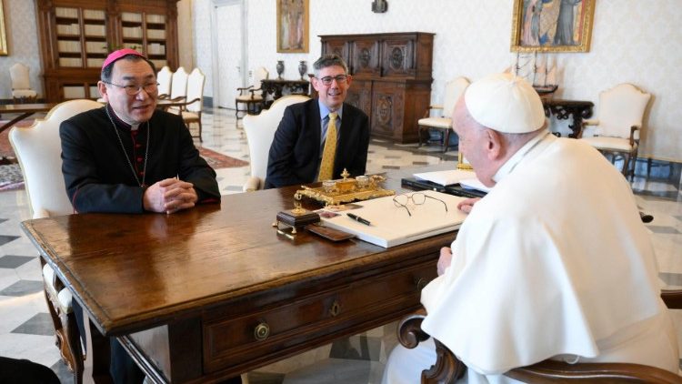 File photo of a meeting between Cardinal-elect Kikuchi and Pope Francis at the Vatican