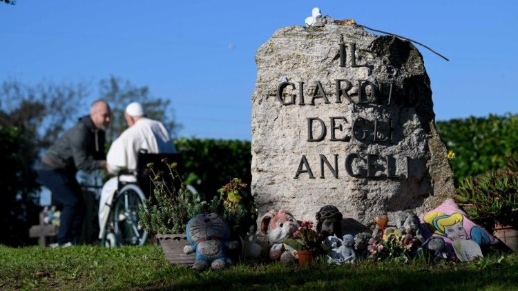 The stone with the inscription "Garden of Angels" at the Laurentino cemetery where Pope Francis laid flowers on All Saints' Day